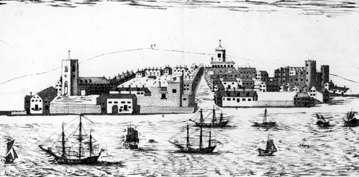 Die Westansicht der Stadt Liverpool, wie sie um das Jahr 1680 erschien, Lithographie von John R. Isaac